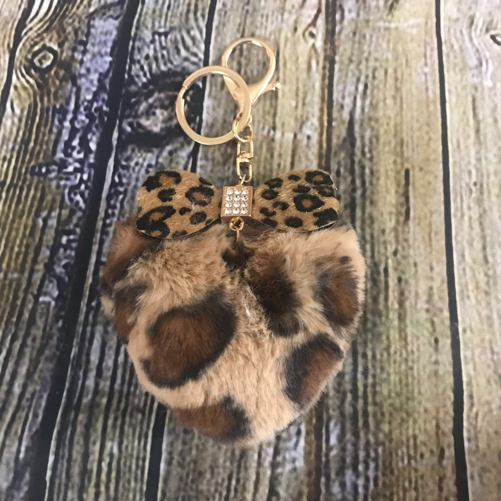 Fluffy Faux Rabbit Fur Brown Leopard Keychain